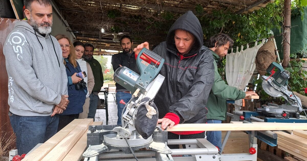 construyendo un domo geodesico de madera en Riudoms