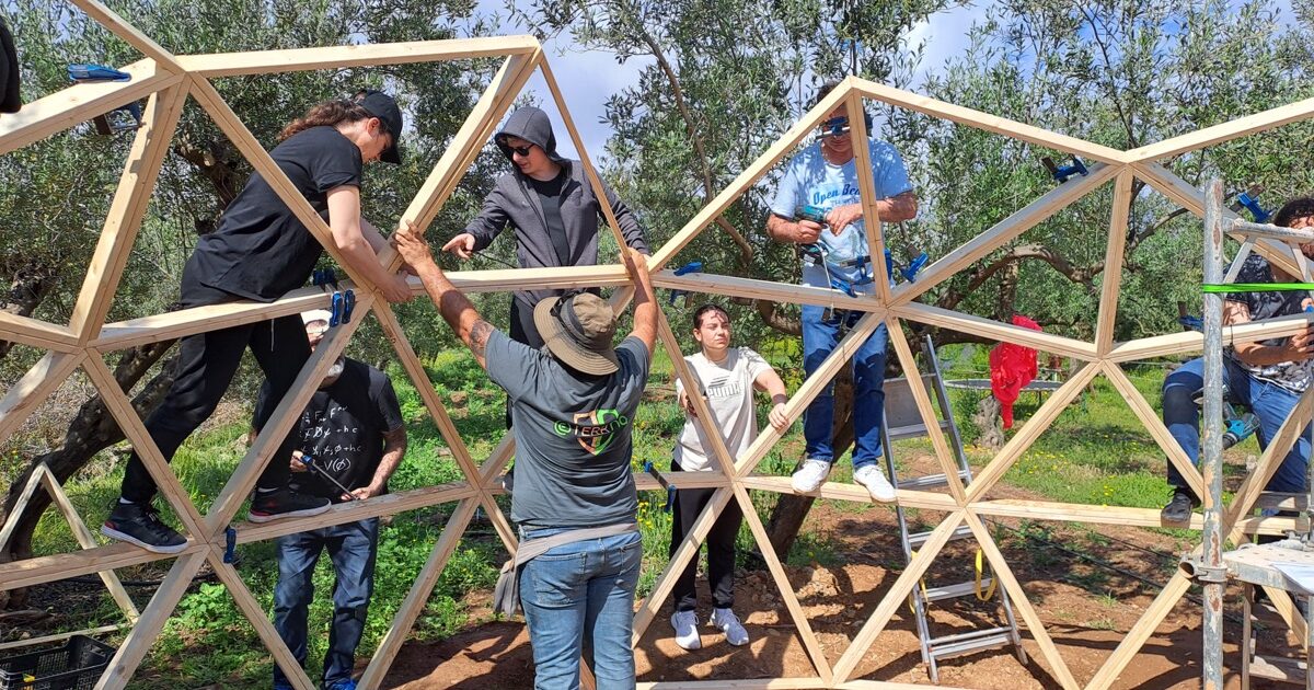construyendo un domo geodesico de madera en Riudoms